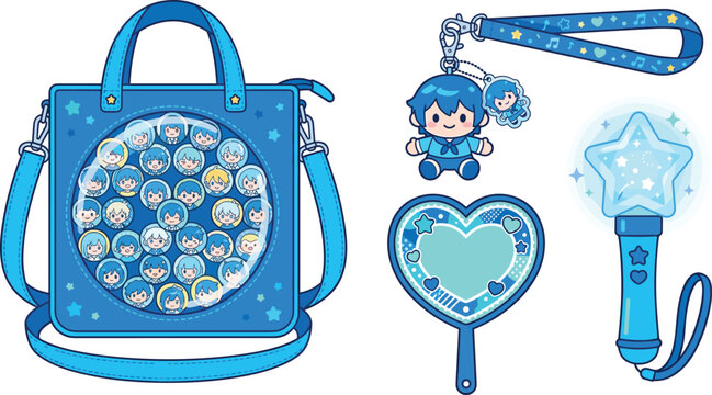 Cute Blue Fan Merchandise Set with Ita Bag Keychain Doll Heart Mirror and Light Stick Kawaii Illustration Bundle