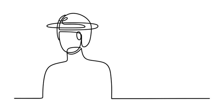 Continuous single line drawing of a person wearing a hat head portrait profile minimalist art style isolated on a plain background Vector, illustration