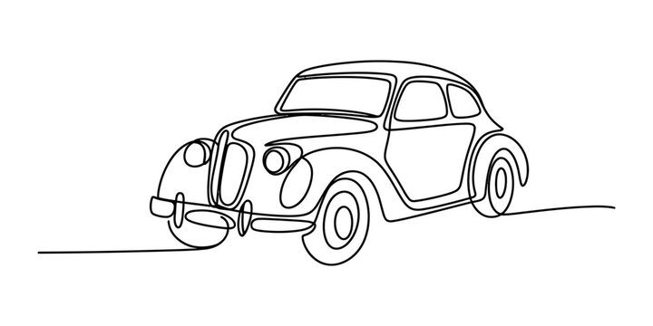 Continuous single line drawing of a retro vintage car vehicle design isolated on a white background for minimalist art and graphic Vector, illustration