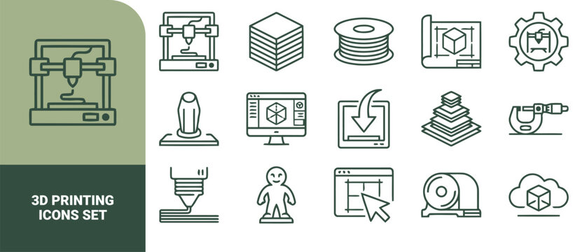 3 d printing icon set featuring outline of printers, filaments, cad software, blueprints, and additive manufacturing tools in dark green on a light background
