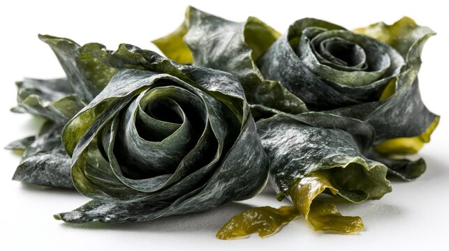 Dried kombu seaweed isolated on white background. Premium edible kelp ingredient with natural texture, ideal for healthy food, Japanese cuisine, nutrition, cooking, and product packaging