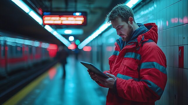 Man in red jacket uses tablet at subway station. Neon lights illuminate the platform.  Train awaits