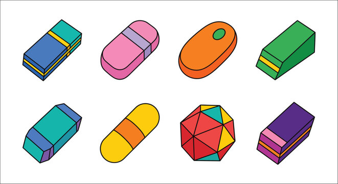 Assorted geometric shapes in vector illustration style featuring rectangular prisms and faceted polyhedra forms prism