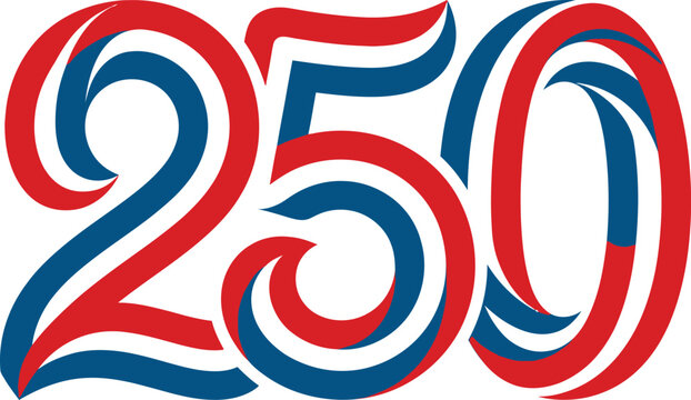 Red and blue swirly numbers two five zero on white background
