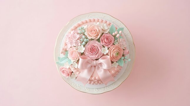 Beautiful pink cake decorated with delicate sugar flowers and a satin bow on a cake stand