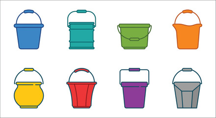 Collection of colorful buckets vector illustration with simple outlines on a white background bucket pails © Exclusive Vectors