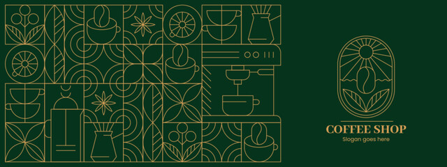 Plakat Abstract geometric coffee shop logo design and slogan in minimalist style. Vector seamless pattern background with hand drawn line art beans, drink cups, plant leaves, outline elements for cafe menu