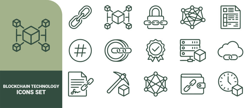 Blockchain technology icon set, dark green line symbols including decentralized network, cryptocurrency wallet, digital mining, smart contract, security padlock, and server infrastructure