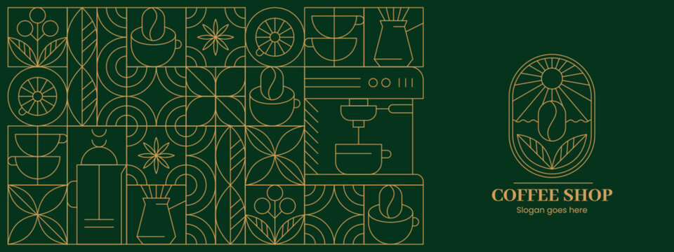 Abstract geometric coffee shop logo design and slogan in minimalist style. Vector seamless pattern background with hand drawn line art beans, drink cups, plant leaves, outline elements for cafe menu