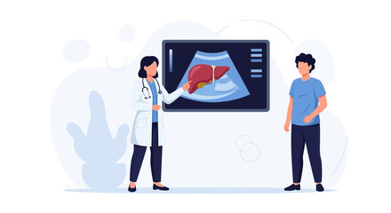 Obraz premium Doctor showing ultrasound scan of liver to patient, healthcare concept illustration