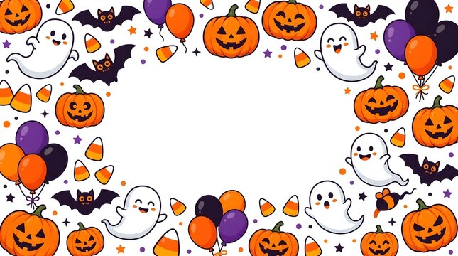 Halloween border with pumpkins ghosts bats candy corn and balloons