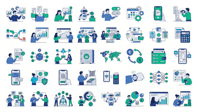 Modern finance and digital technology flat icon collection for business and banking with business technology investment accounting analysis marketing transaction management corporate
