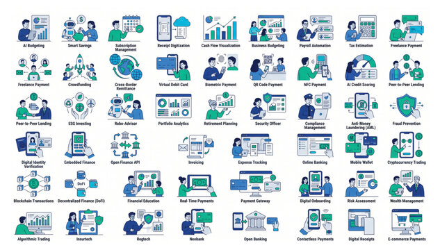 Comprehensive finance and fintech vector icon set for digital banking and business solutions with business technology investment accounting transaction analysis marketing commerce strategy
