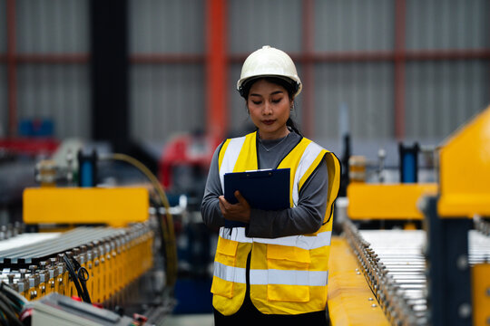 Female industrial engineer. Industrial quality inspection. Female factory worker checking production line equipment in a manufacturing plant. Factory, inspection, manufacturing, engineer, safety.
