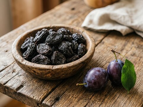 Fresh plums and dried prunes in a wooden bowl on a rustic wooden table isolated on white background