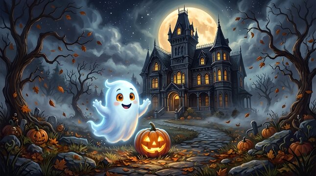 A friendly ghost in a spooky halloween scene with a haunted house