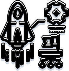 Rocket ship launching. A gear representing engineering and innovation. And a planetary rover exploring new frontiers. Symbolizing the progress and technological advancements in outer space expeditions © vectorwin