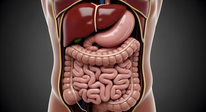 Anatomical model of human digestive system including liver stomach and intestines.