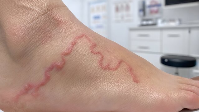 Clinical close-up of cutaneous larva migrans skin lesions characterized by raised, serpiginous tracts on a human foot, educational imagery for dermatology, tropical medicine, and health