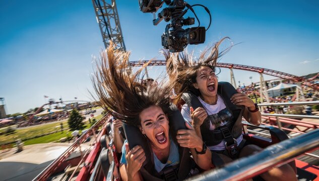 Medium shot of camera rig above roller coaster track capturing riders exhilarated expressions at a sudden steep drop blurred background enhancing focus on thrill.