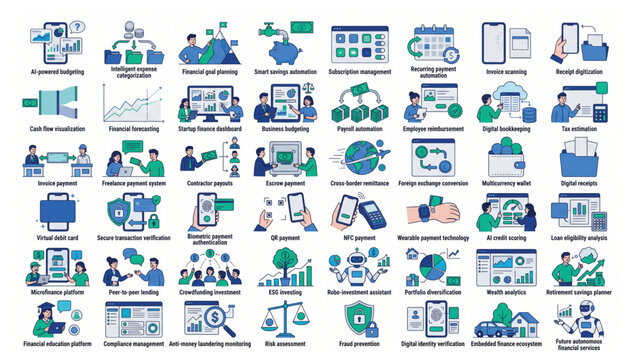 Detailed fintech and banking solutions icon grid with business technology investment management illustration accounting analysis corporate financial strategy marketing transaction
