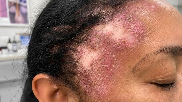 Discoid lupus erythematosus on skin, showing red scaly well-demarcated plaques with characteristic follicular plugging and central scarring atrophy, chronic autoimmune dermatosis