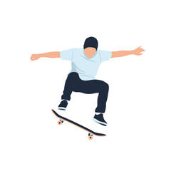 Fototapeta premium Vector illustration of a professional skateboarder performing a high air jump trick with a skateboard on a white background, isolated graphic for sports and urban street culture.