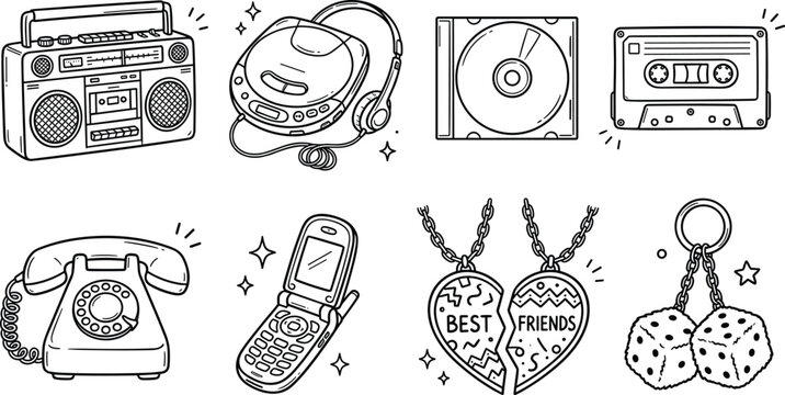 Retro 90s Icon Set with Boombox CD Player Cassette Tape Rotary Phone Flip Phone and Best Friends Necklace Illustration Bundle
