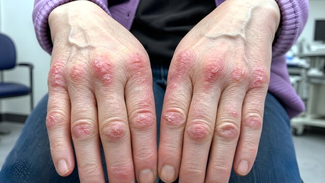 Patient's hands exhibiting gottron's papules over the metacarpophalangeal and interphalangeal joints, showcasing erythematous, scaly, and slightly elevated skin lesions