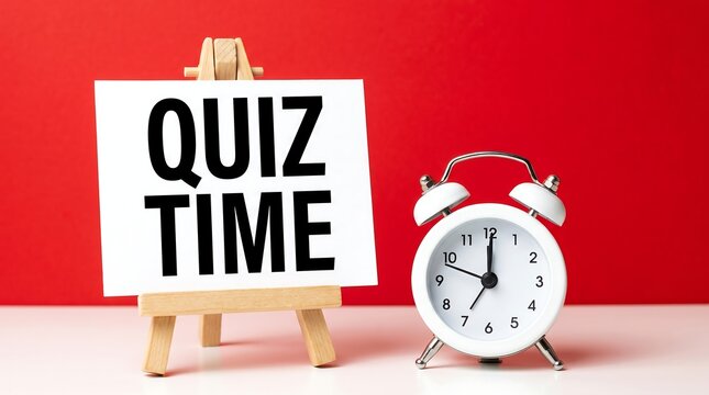 Quiz Time text on wooden easel with white alarm clock, educational trivia concept on red background, timed examination and test preparation