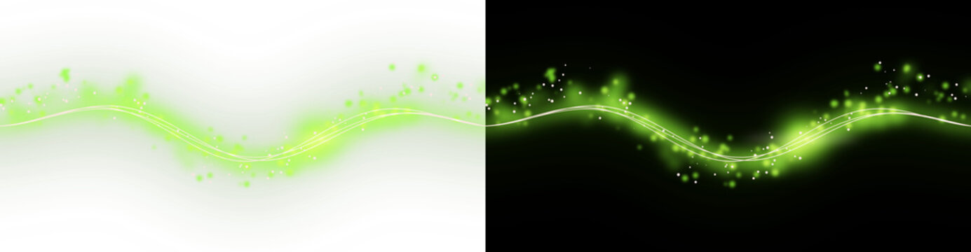 A radiant green magic light wave featuring bright glowing lines and starry dust particles, isolated on transparent background