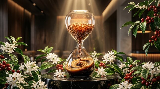 Hourglass Filled with Coffee Beans Dripping into Liquid Coffee with Coffee Plants coffee cherry