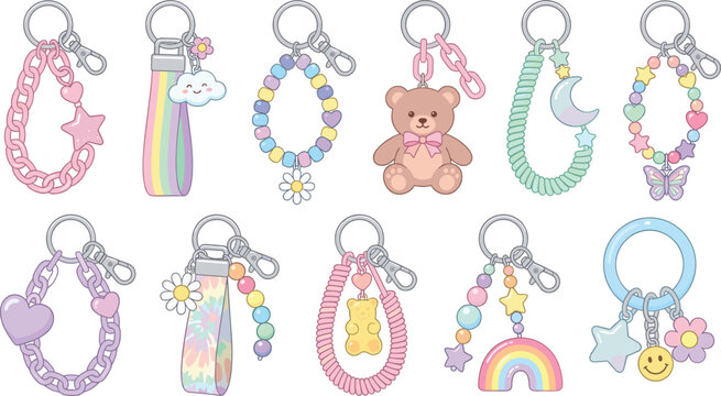 Cute Pastel Keychain Set with Chain Link Teddy Bear Rainbow Beaded Bracelet and Smiley Charm Illustration Bundle