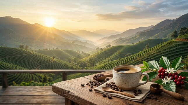 Coffee Cup on a Table Overlooking Coffee Plantations at Sunrise coffee beans coffee berries