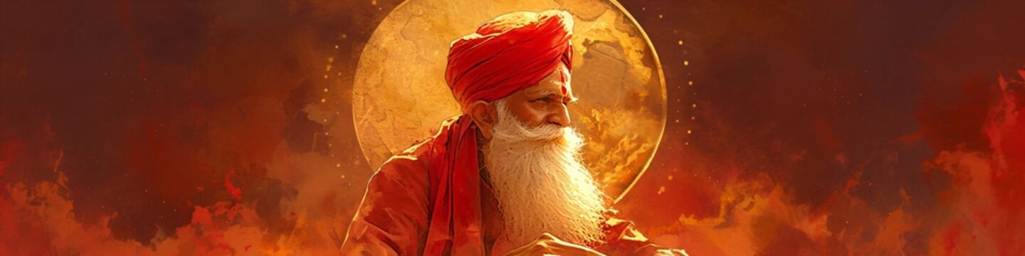 Watercolor illustration of an old sikh man with long white beard and red turban. Spiritual meditation and wisdom concept, for Guru Purnima. Banner with copy space