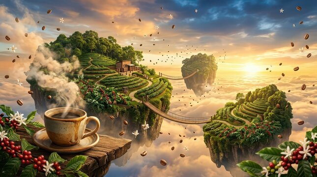 Surreal floating islands with coffee plantations and a steaming cup of coffee at sunrise fantasy coffee farm