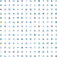 Fototapeta premium Set of diverse outline vector icons displaying a wide range of concepts including business, technology, travel, medical, and everyday objects, all in sketch style
