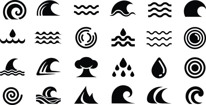 Ocean wave and water drop minimalist icon vector set with black abstract sea splash silhouettes