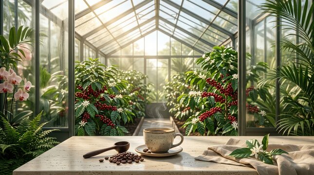 Coffee Cup in Greenhouse with Coffee Plants and Orchids Keywords: coffee, cup, steaming, hot beverage, greenhouse, glasshouse, conservatory, coffee
