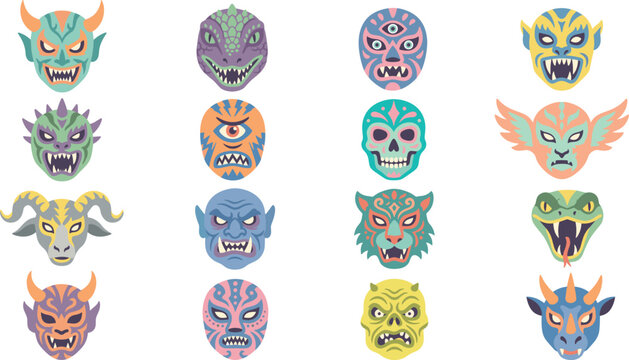 Colorful Monster Mask Set with Demon Skull Third Eye Goat Snake and Tiger Face Vector Illustration Bundle