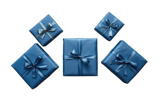 Blue gift boxes with ribbon bows for holidays, birthday, or celebration occasions on transparent background