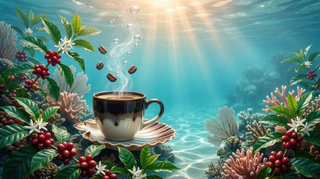 Coffee Cup Floating Underwater Surrounded by Coral and Coffee Plants Keywords: coffee, cup, steaming, hot beverage, underwater, ocean, sea, coral