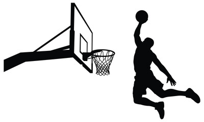 Black silhouette of a professional basketball player performing a powerful slam dunk into the hoop on a white isolated background © Snaplix