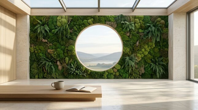 Modern living room with a circular window and a living moss wall Keywords: living room, interior, modern, design, architecture, moss wall, living