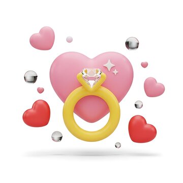 3D rendering of a gold ring with diamond and heart shapes  love and wedding symbol