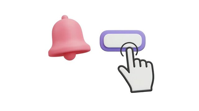 Hand clicking notification button next to a ringing 3d bell