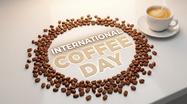 International Coffee Day text surrounded by coffee beans with a cup of coffee beverage