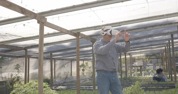 Diverse coworkers watching African American female responding to VR, gesturing in greenhouse