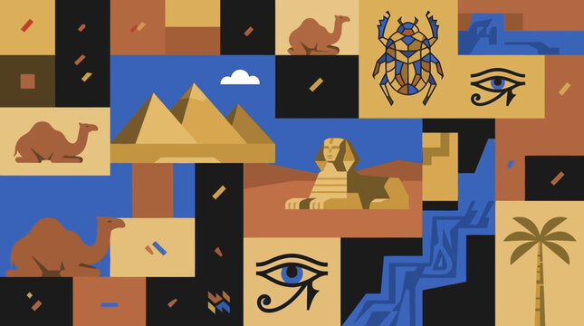 Ancient Egyptian desert landscape with pyramids, sphinx, and palm trees under blue sky