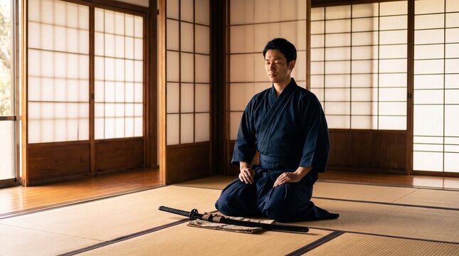 Samurai Kneeling in Meditation Inside a Zen Temple